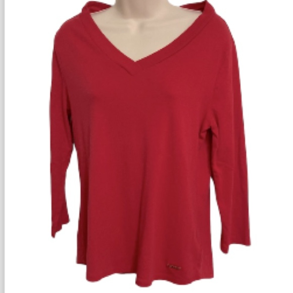 ANNE KLEIN SPORTS V neck 3/4 sleeve Cotton Red Top T shirt Womens Large